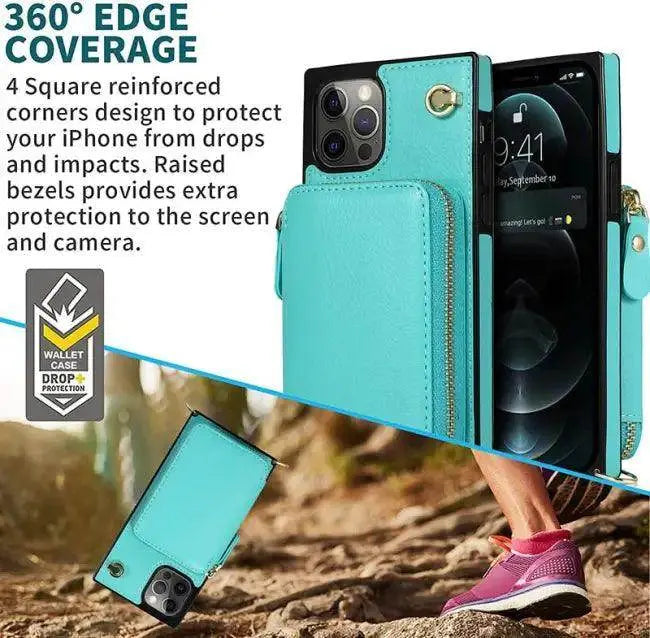 Stylish Turquoise Zipper Wallet Case with Crossbody Strap - Estalios