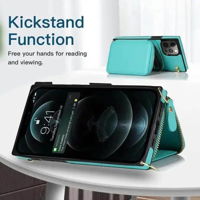 Stylish Turquoise Zipper Wallet Case with Crossbody Strap - Estalios