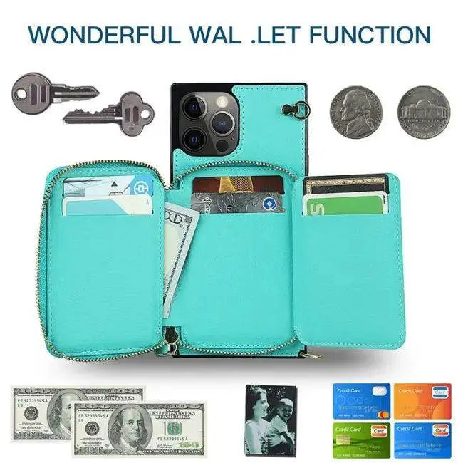 Stylish Turquoise Zipper Wallet Case with Crossbody Strap - Estalios