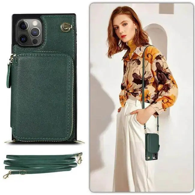 Stylish Turquoise Zipper Wallet Case with Crossbody Strap - Estalios