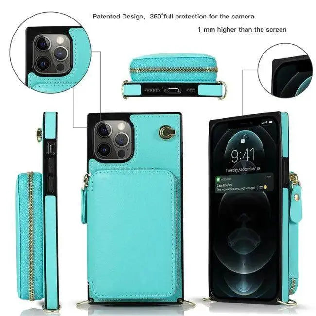Stylish Turquoise Zipper Wallet Case with Crossbody Strap - Estalios