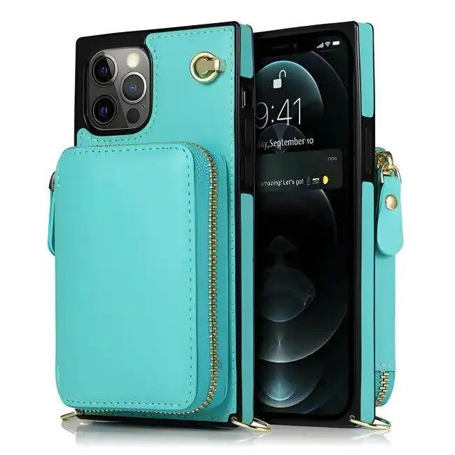 Stylish Turquoise Zipper Wallet Case with Crossbody Strap - Estalios