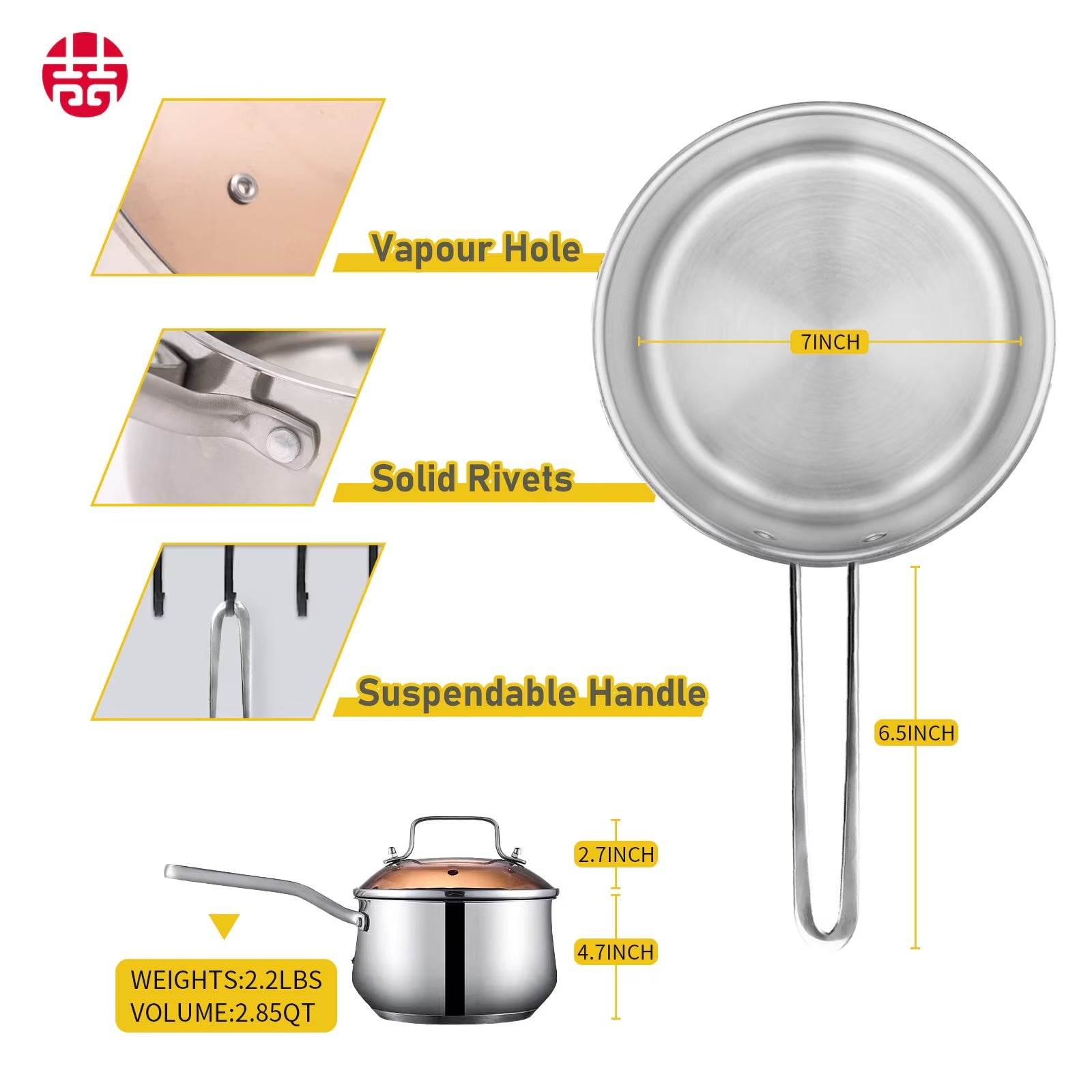 Non-Stick Stainless Steel Saucepan With Lid, 2.85QT - Estalios