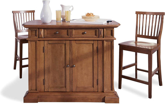 Americana Cottage Oak Kitchen Island Set with Two Stools - Estalios