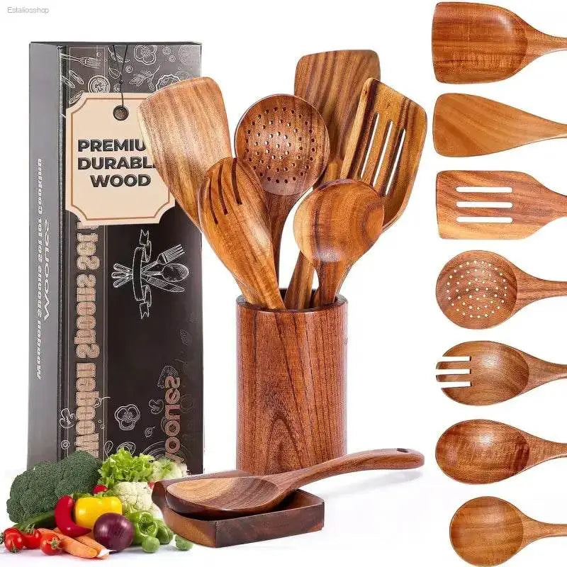 ACMETOP 9-Piece Natural Teak Wooden Cooking Utensil Set with Holder & Spoon Rest - Perfect for Nonstick Pans!