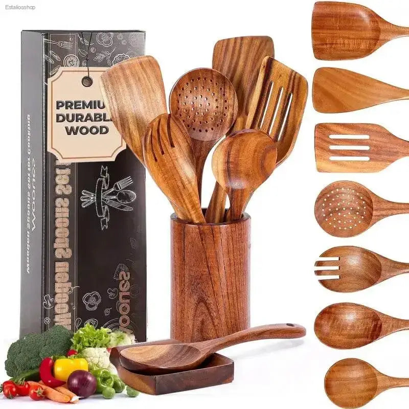 ACMETOP 9-Piece Natural Teak Wooden Cooking Utensil Set with Holder & Spoon Rest - Perfect for Nonstick Pans!