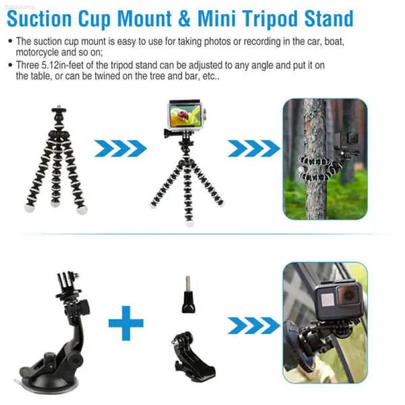 Suction cup mount and mini tripod stand.