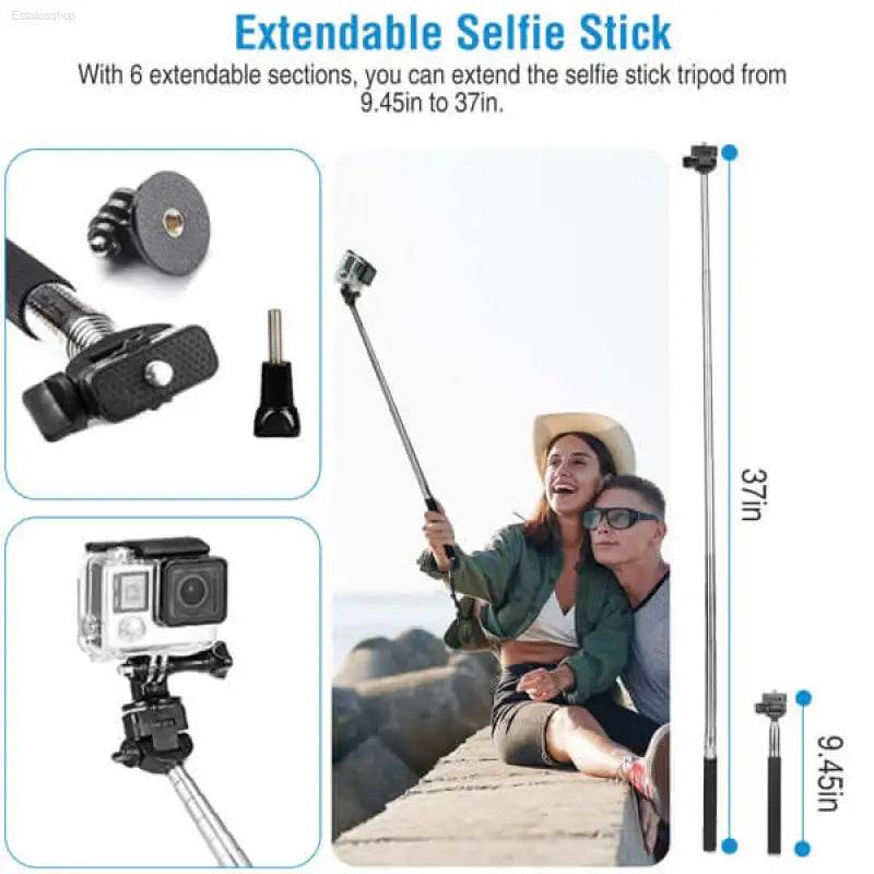 Extendable selfie stick with camera mount.
