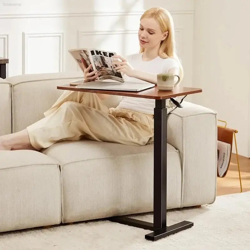 Rustic Brown Overbed Rolling Table - Adjustable Mobile Bedside Desk for Home & Hospital Use