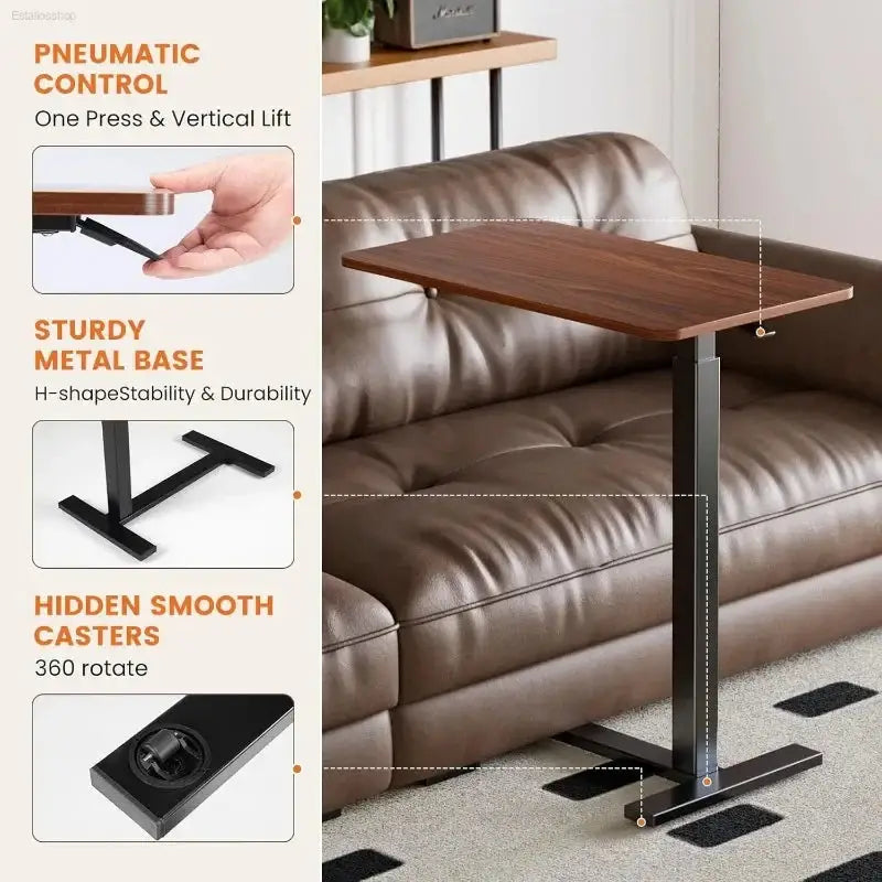 Rustic Brown Overbed Rolling Table - Adjustable Mobile Bedside Desk for Home & Hospital Use