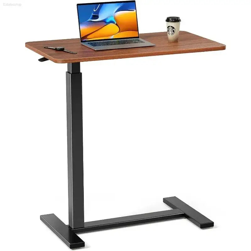 Rustic Brown Overbed Rolling Table - Adjustable Mobile Bedside Desk for Home & Hospital Use