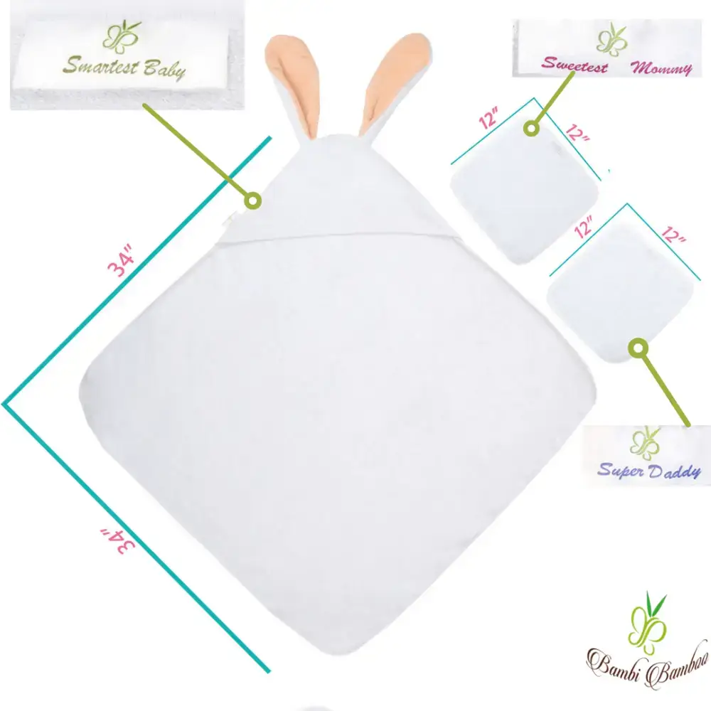 Cute White Amber Bunny Hooded Towel with ears perfect for baby bath time fun