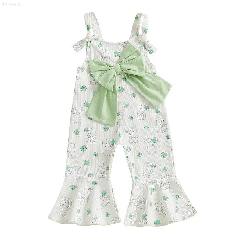Adorable Baby Girls Easter Bunny Romper with Carrot Print and Big Bow Sleeveless Flare Pants Jumpsuit Egg Design - Estalios