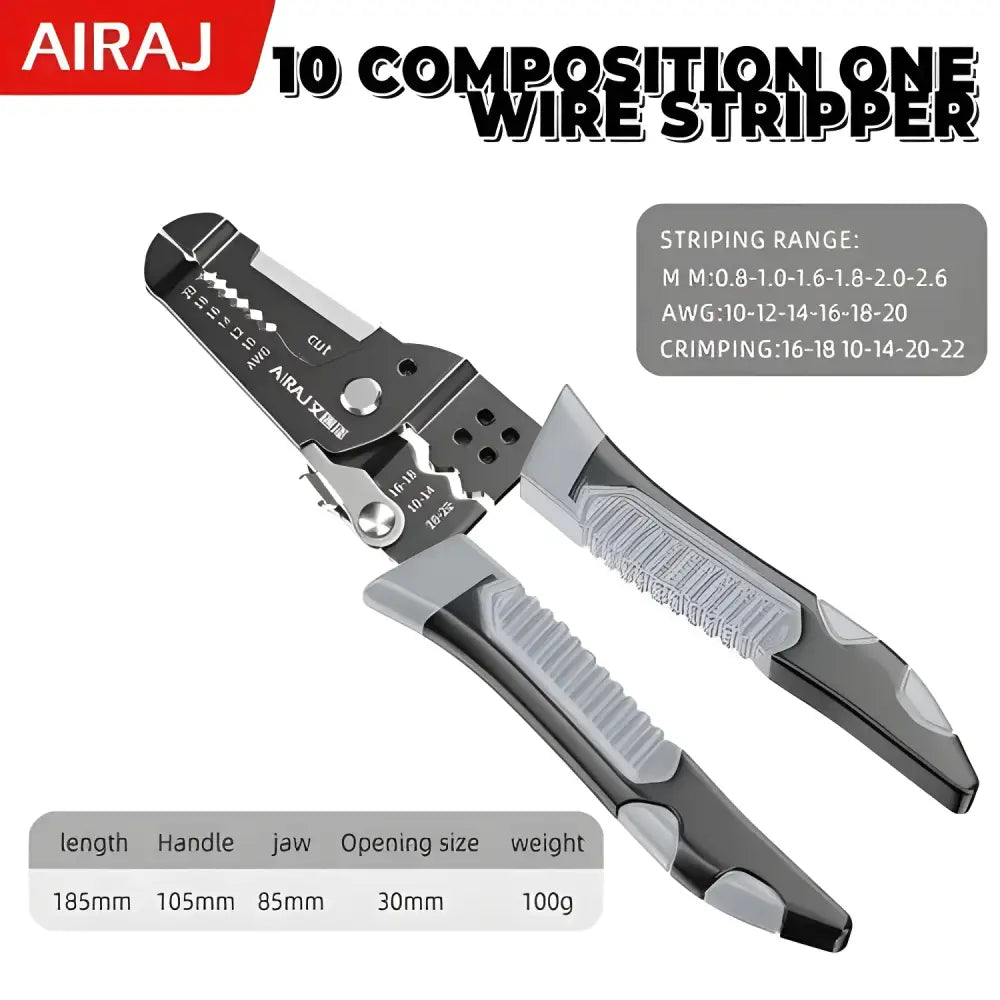 Airaj Multitool Wire Stripper Plier Crimper with gray and black handles for easy use