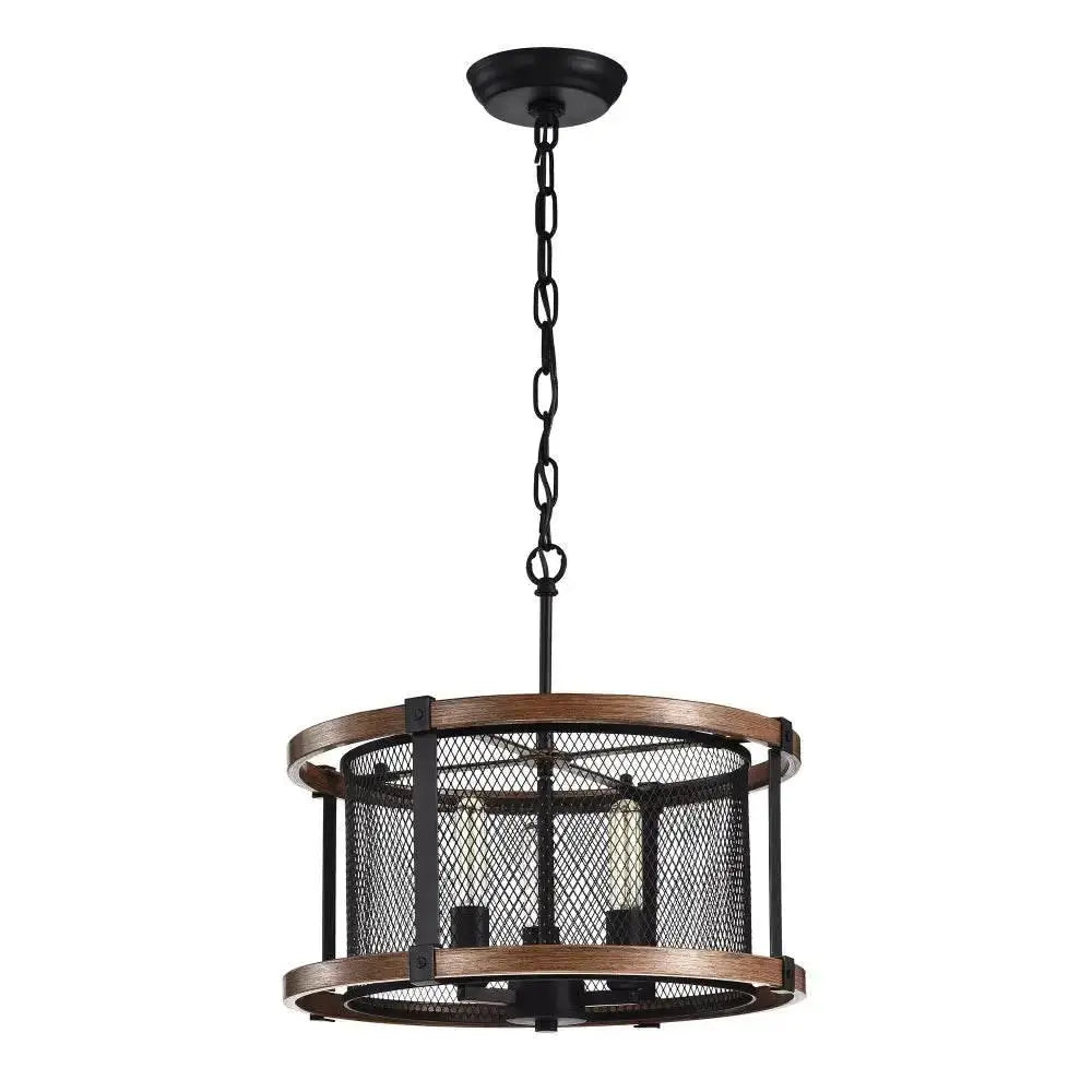 Airi Rustic Wood Grain Chandelier with Black Metal Cage for Modern Living Spaces