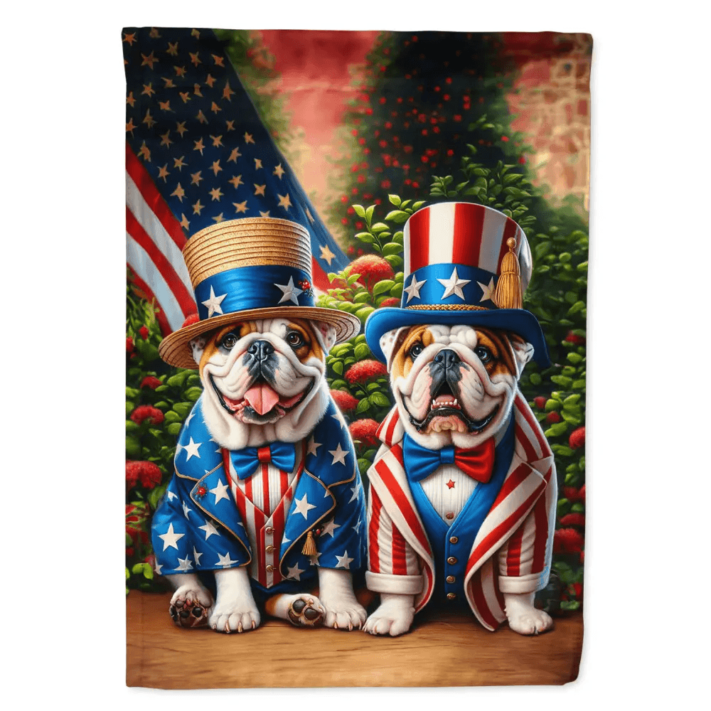 American English Bulldog Garden Flag: Unleash Patriotic Paws! Patriotic Bulldog Garden Flag: Show your Love for your Country and your Furry Friend - Estalios