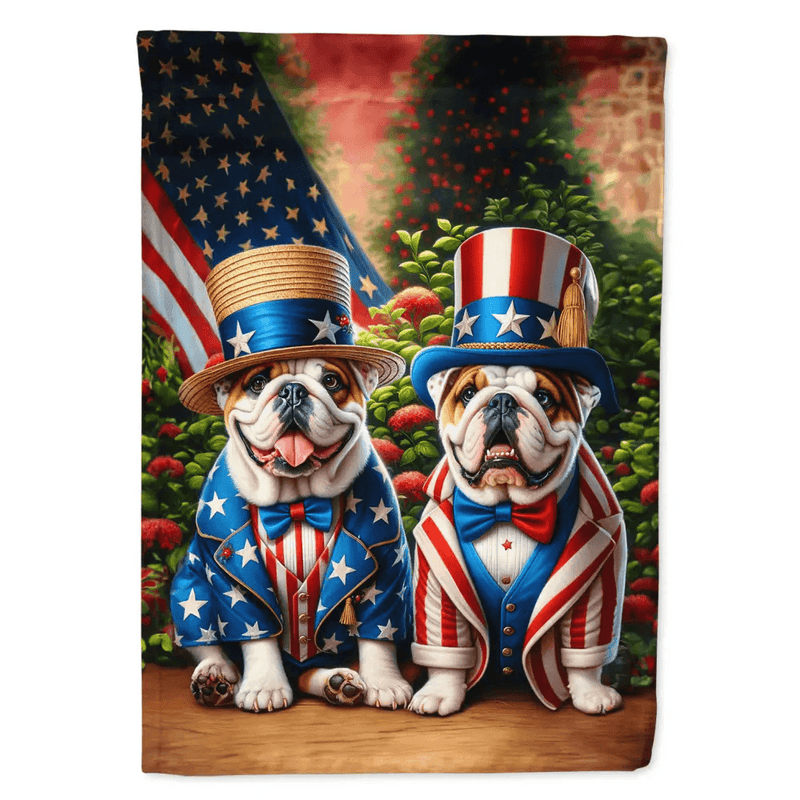 American English Bulldog Garden Flag: Unleash Patriotic Paws! Patriotic Bulldog Garden Flag: Show your Love for your Country and your Furry Friend - Estalios