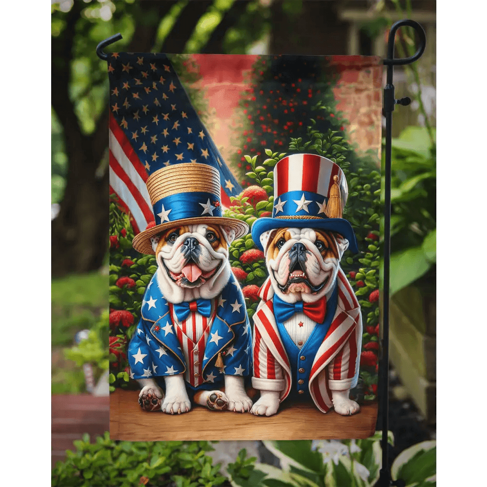 American English Bulldog Garden Flag: Unleash Patriotic Paws! Patriotic Bulldog Garden Flag: Show your Love for your Country and your Furry Friend - Estalios