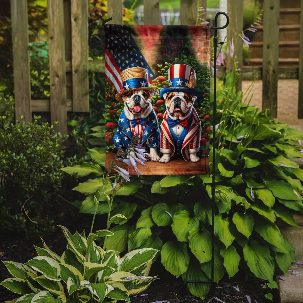 American English Bulldog Garden Flag: Unleash Patriotic Paws! Patriotic Bulldog Garden Flag: Show your Love for your Country and your Furry Friend - Estalios