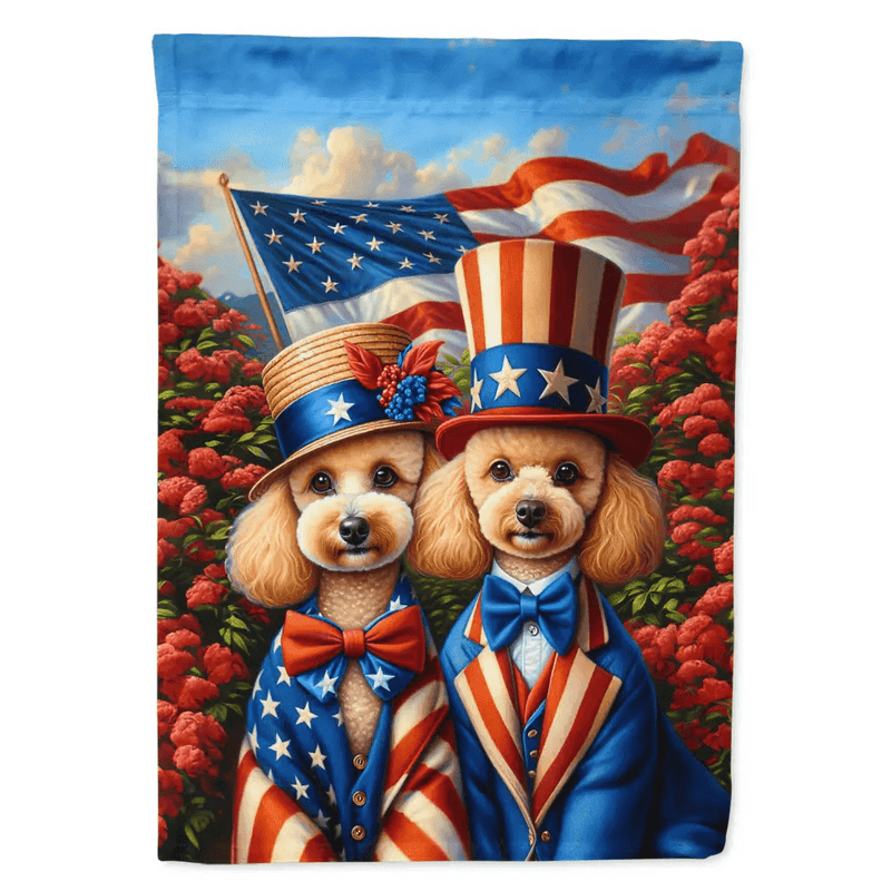 Poodle Power: American Pride House Flag! Show your Patriotic Spirit with our Delightful Patriotic Poodle Flag Garden Decor! this Charming Set Features a Patriotic - Estalios