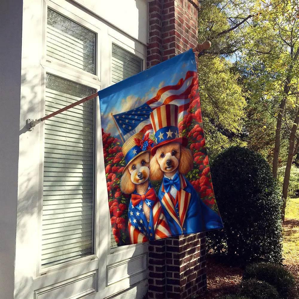 Poodle Power: American Pride House Flag! Show your Patriotic Spirit with our Delightful Patriotic Poodle Flag Garden Decor! this Charming Set Features a Patriotic - Estalios