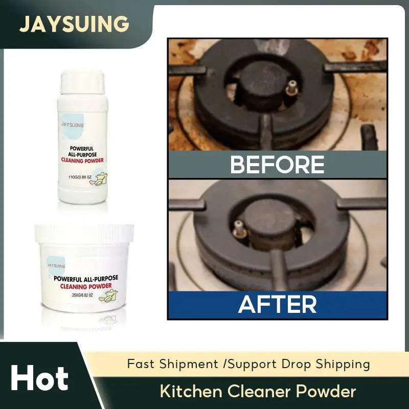 Kitchen cleaner powder with before-and-after cleaning results.