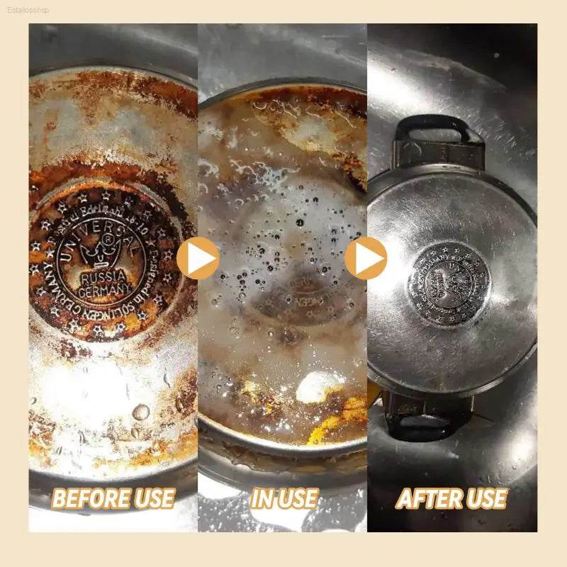 Before, during, and after cleaning of a dirty pot.