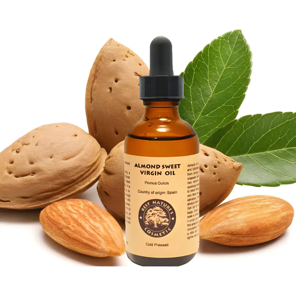 Almond sweet virgin oil in a brown bottle for reducing dark circles with almond oil massage