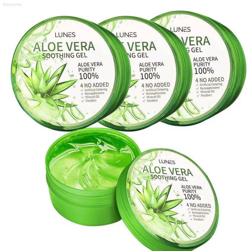 Aloe vera soothing gel in green containers.
