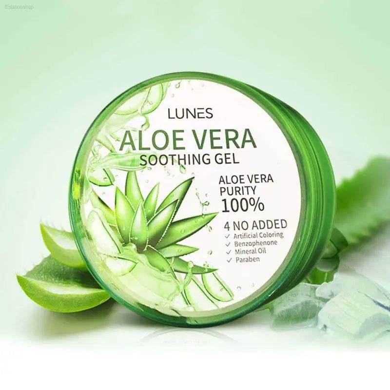 Aloe vera soothing gel in a green jar.