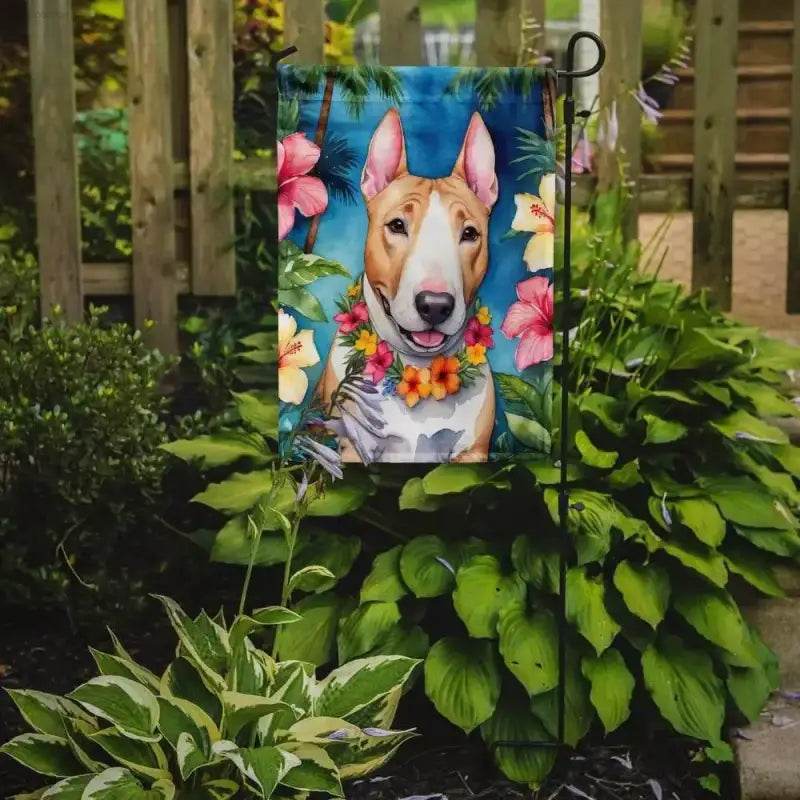Aloha Bull Terrier: Tropical Dog Garden Flag! Product Description: Bring a Splash of Island Vibes to your Garden with this Adorable Tropical Dog Garden Flag! - Estalios