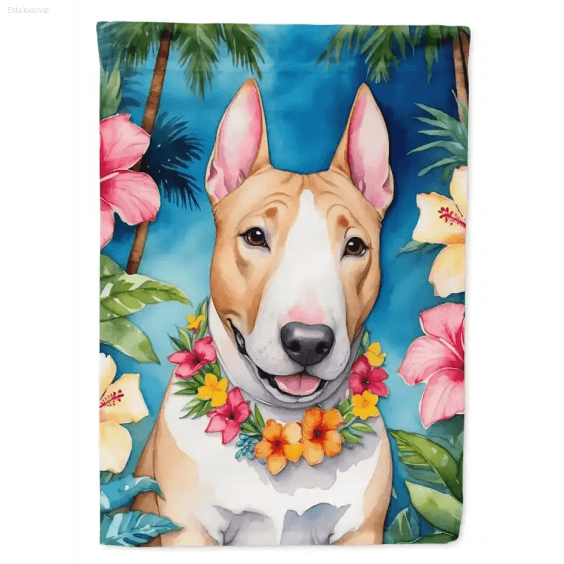 Aloha Bull Terrier: Tropical Dog Garden Flag! Product Description: Bring a Splash of Island Vibes to your Garden with this Adorable Tropical Dog Garden Flag! - Estalios