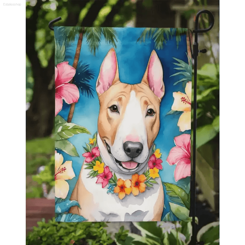 Aloha Bull Terrier: Tropical Dog Garden Flag! Product Description: Bring a Splash of Island Vibes to your Garden with this Adorable Tropical Dog Garden Flag! - Estalios