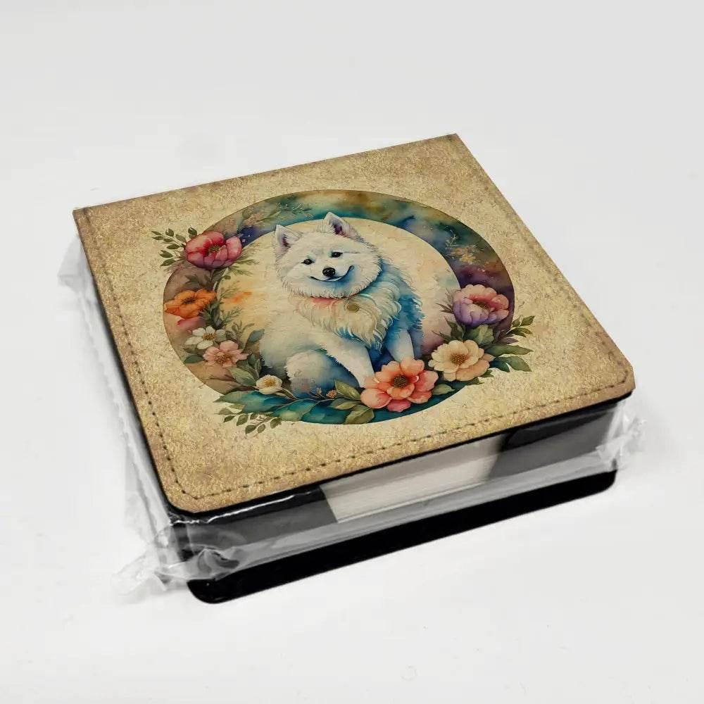 American Eskimo and Flowers PU Leather Note Paper Holder with Artist-Designed Cover, Desk Accessory, Office Gift - Estalios