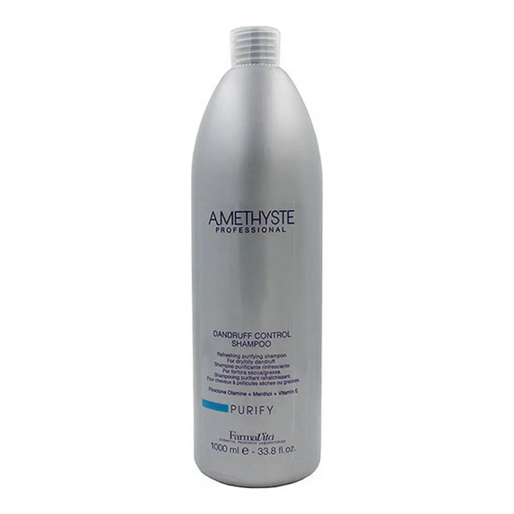 Silver bottle of Amethyste Purify Anti-Dandruff Shampoo for effective dandruff control