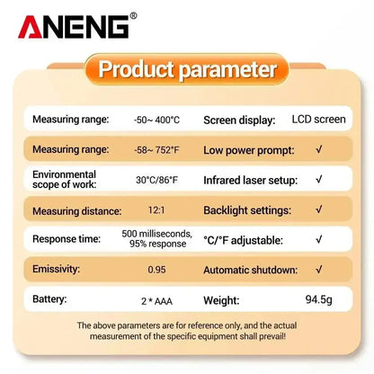 Product parameter specifications for ANENG TH201 Digital Infrared Thermometer Celsius Display