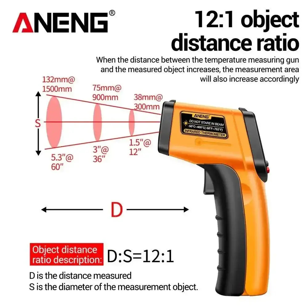 Orange ANENG TH201 Digital Infrared Thermometer with distance ratio diagram for Celsius display