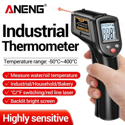 Black industrial digital infrared thermometer ANENG TH201 with laser pointer feature