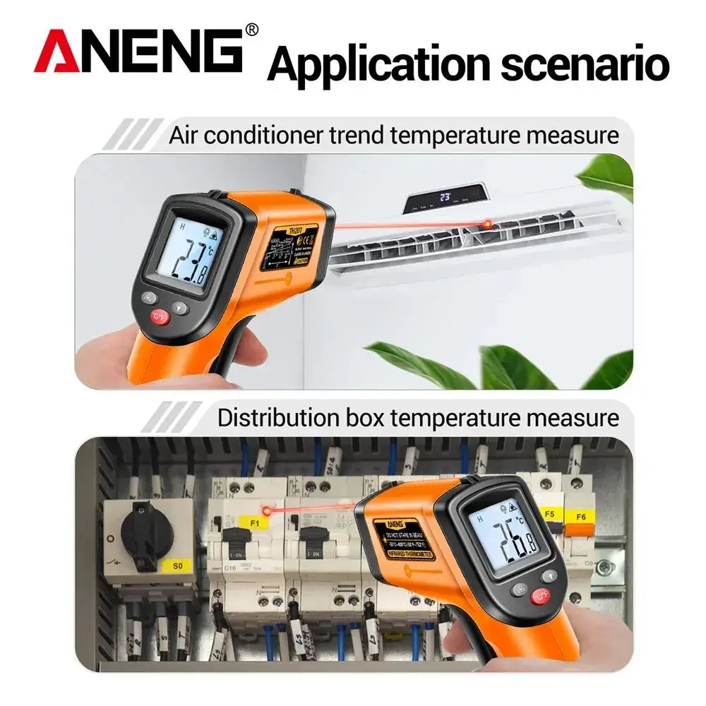 ANENG TH201 Digital Infrared Thermometer showing usage for quick Celsius temperature checks