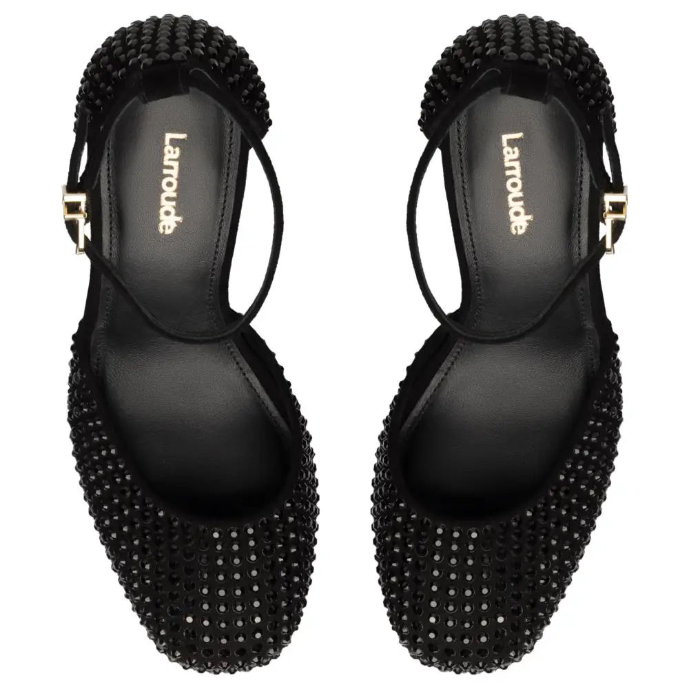 Black embellished T-strap Ari Crystal shoes on sale in Sparkle Up Your Deals