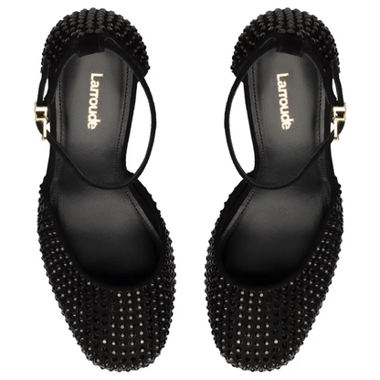 Black embellished T-strap Ari Crystal shoes on sale in Sparkle Up Your Deals