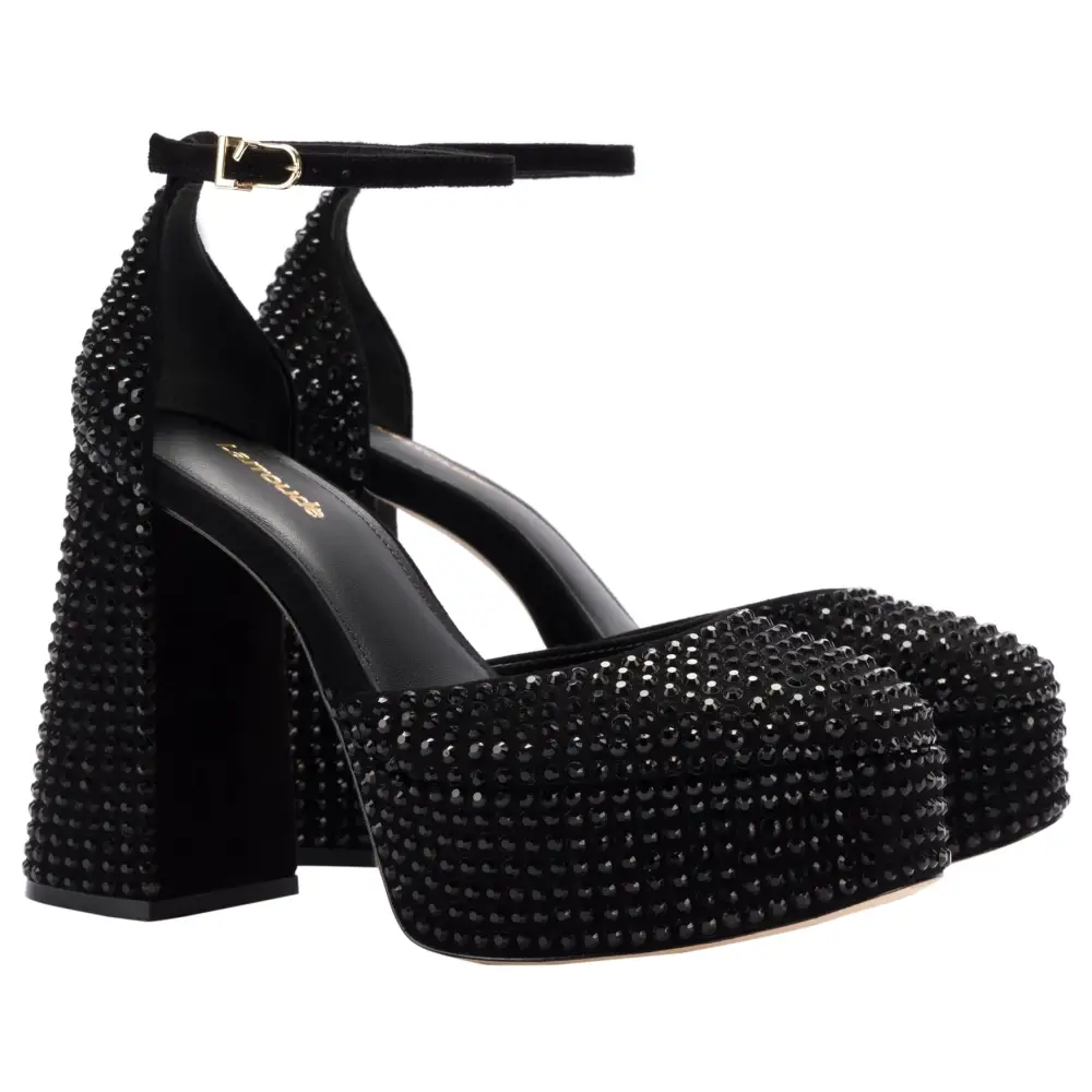 Black platform heels with ankle straps from Sparkle Up Your Ari Crystal shoes deals