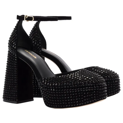 Black platform heels with ankle straps from Ari Crystal for fabulous shoe deals