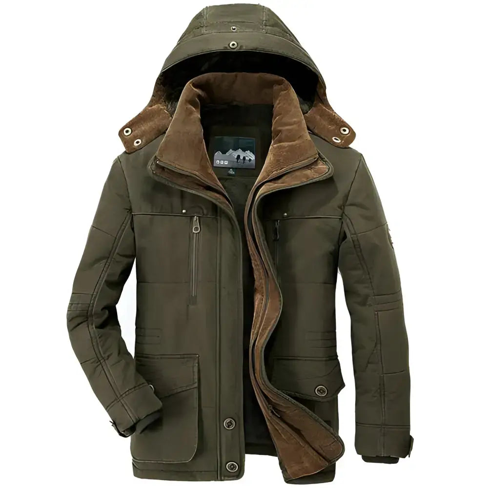 Olive green hooded winter parka, perfect for stylish mens winter wear