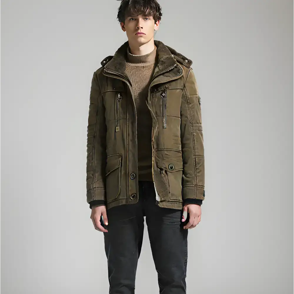 Olive green hooded winter parka from Army Green Sold for stylish outdoor warmth