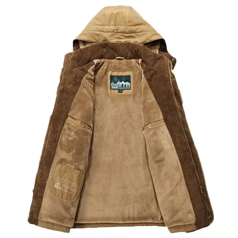 Open brown hooded winter coat from the Army Green Sold Hooded Winter Parkas collection