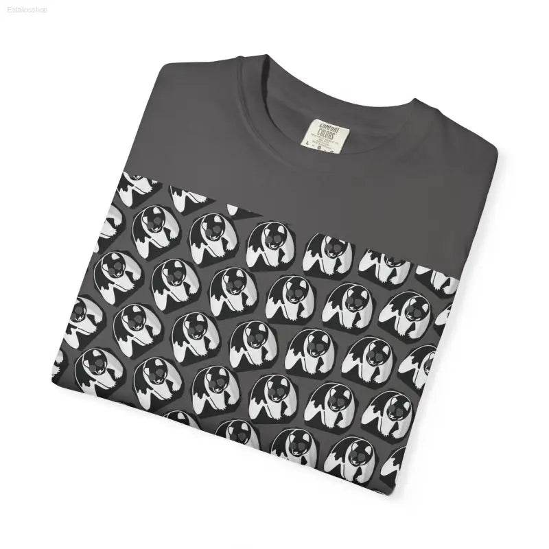 Folded gray t-shirt with panda pattern.