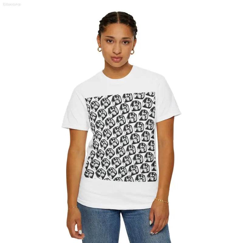 White t-shirt with dog pattern.
