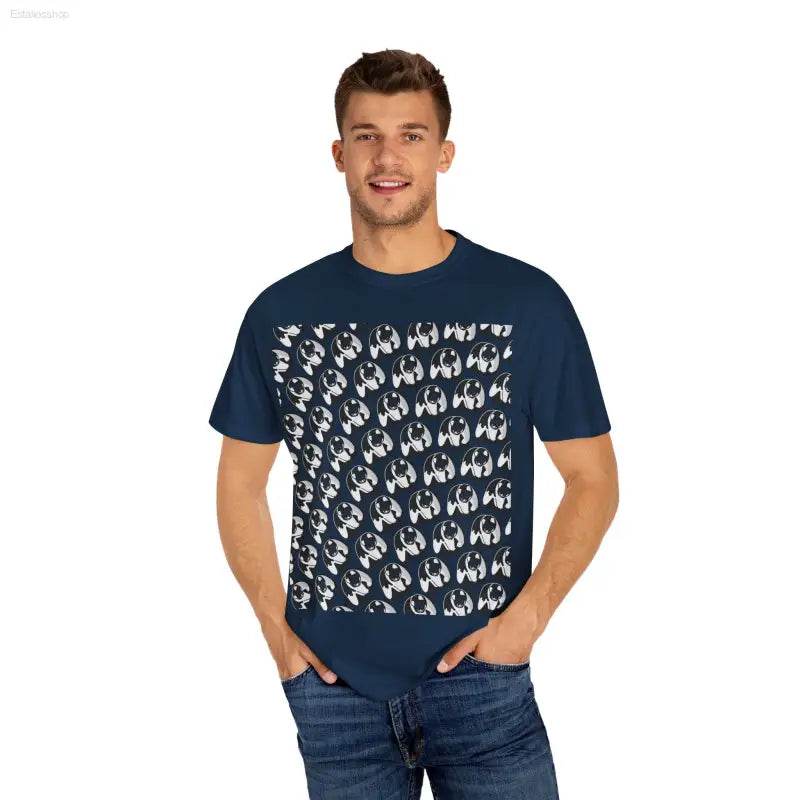 Man wearing a patterned t-shirt.