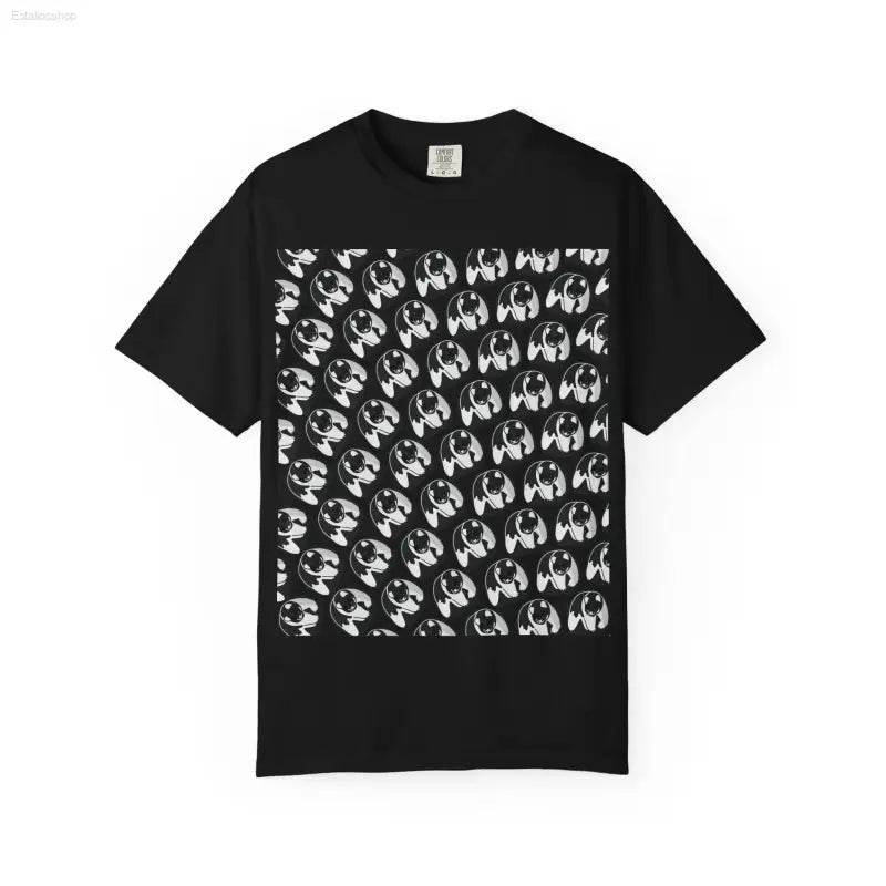 Black t-shirt with white pattern.